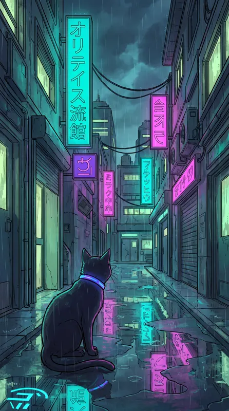 赛博朋克小巷黑猫