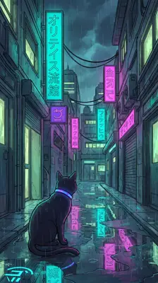 赛博朋克小巷黑猫